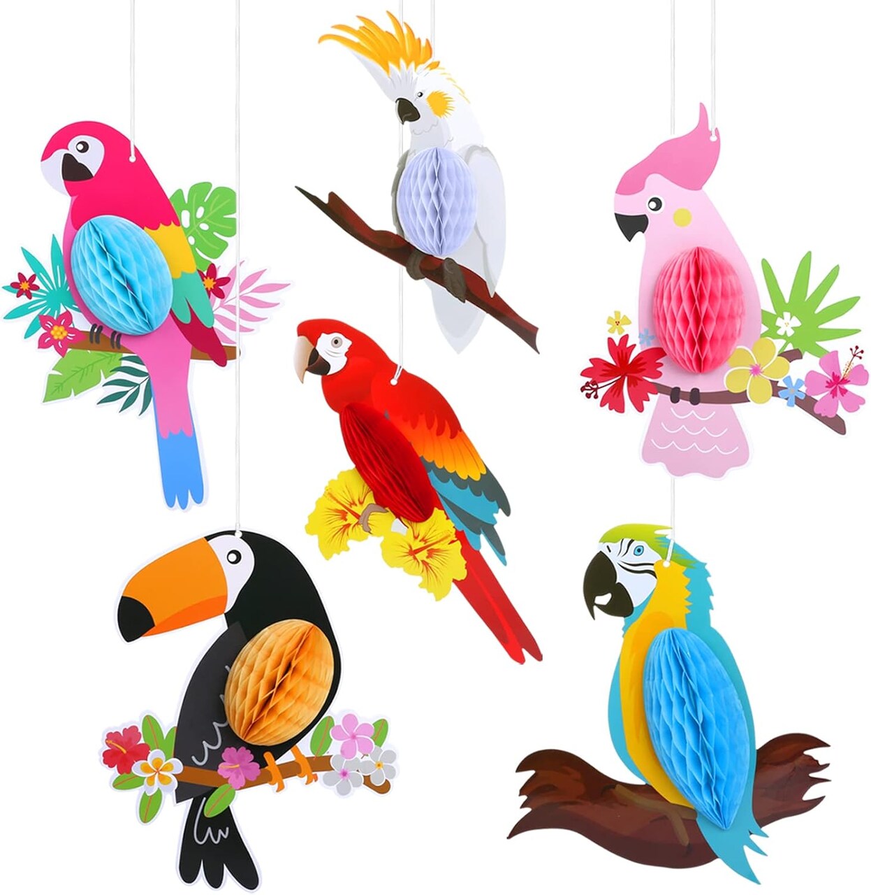 6 Pieces Hawaiian Tropical Parrot Bird Honeycomb Hanging Party Decorations, Summer Tiki Bar Party Decor, Rainforest Decorations Garden Yard Room Decor